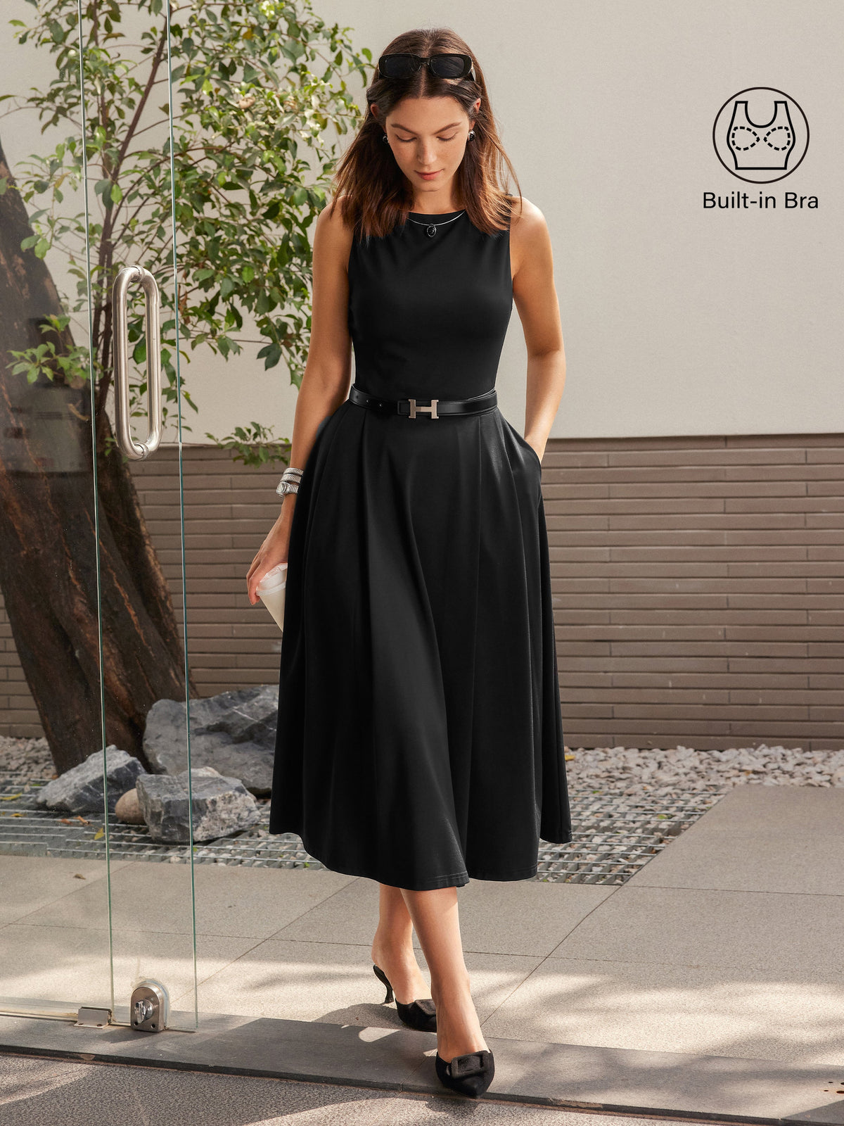 Boatneck Bamboo Ponte Bra Midi Dress with Pockets