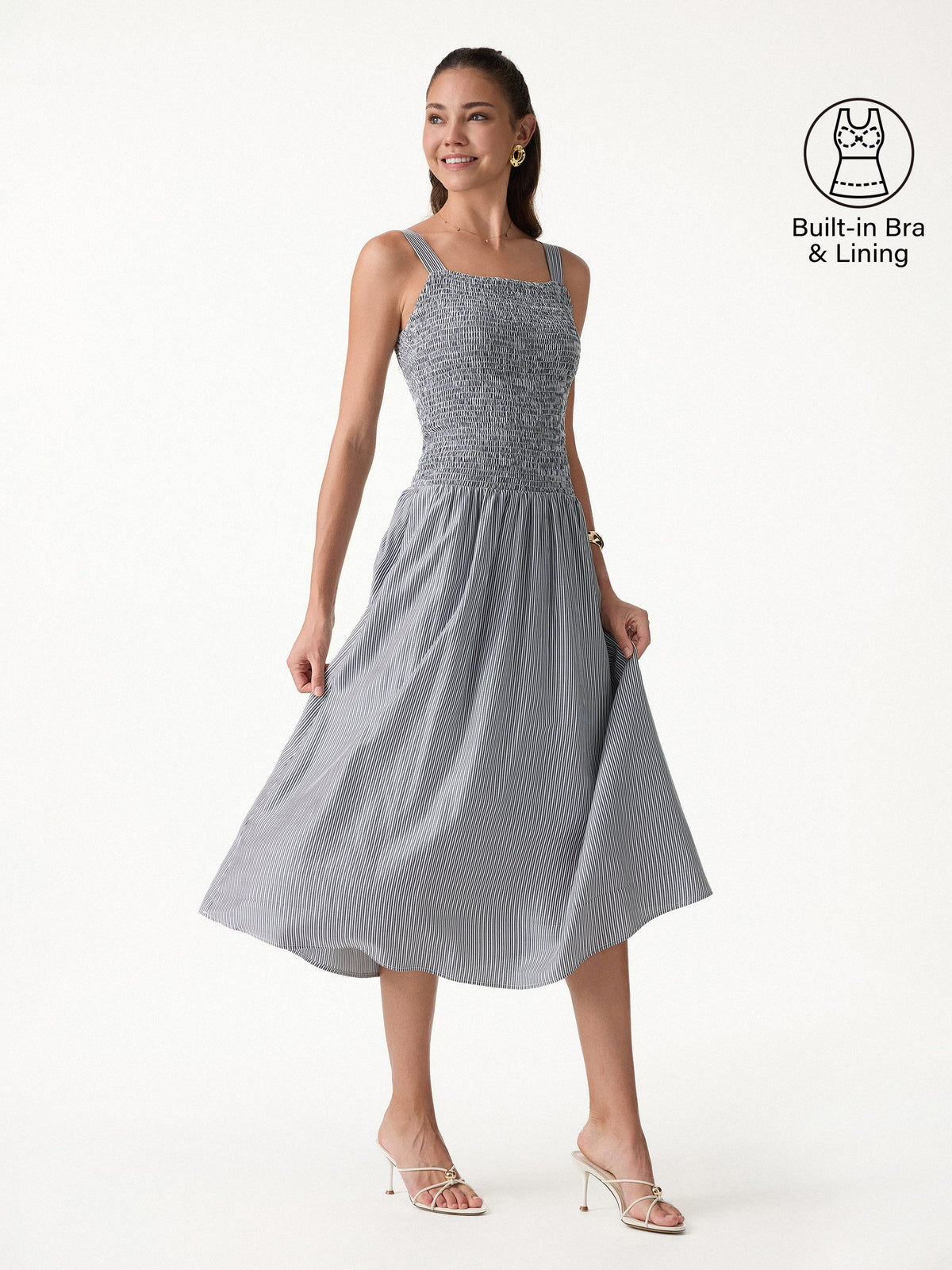 Striped Poplin Square Neck Smocked Midi Bra Dress