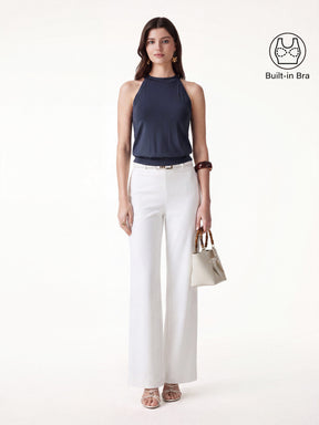 2Pcs Set Halter Neck Bra Top & Wide Leg Pants with Pockets