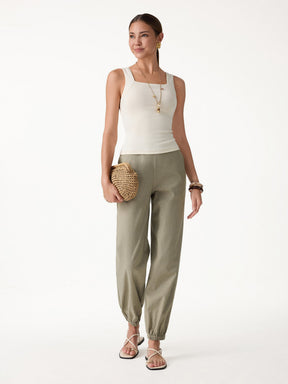 Linen-like High-Rise Balloon Jogger Pants with Pockets