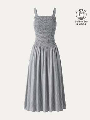Striped Poplin Square Neck Smocked Midi Bra Dress