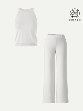 2Pcs Set Halter Neck Bra Top & Wide Leg Pants with Pockets