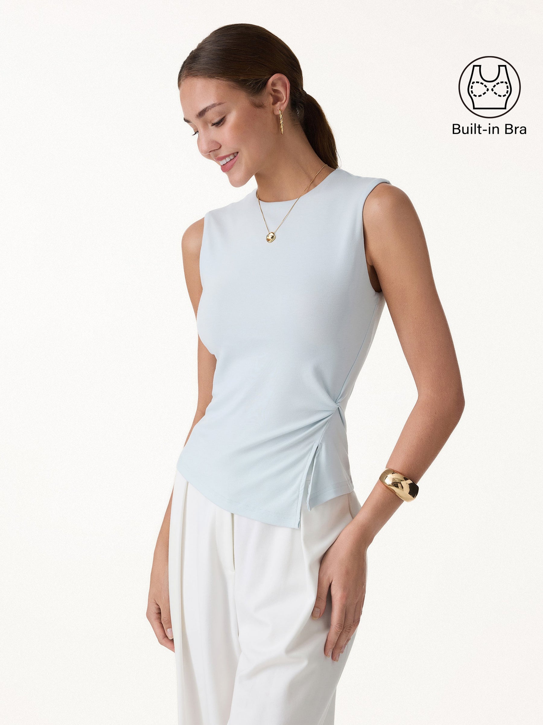 CoolTouch Round Neck Twisted Bra Tank with Slit