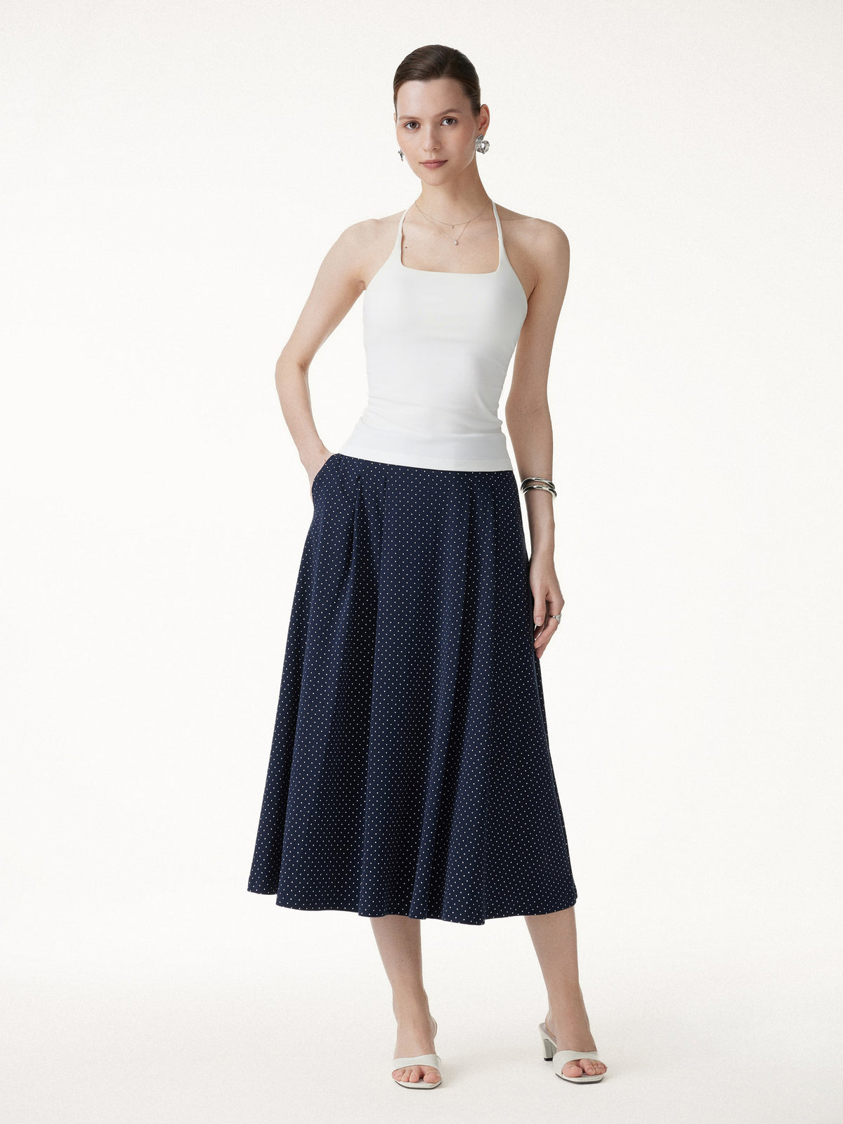 Polka Dots Flared Midi Skirt with Pockets