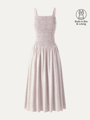 Striped Poplin Square Neck Smocked Midi Bra Dress